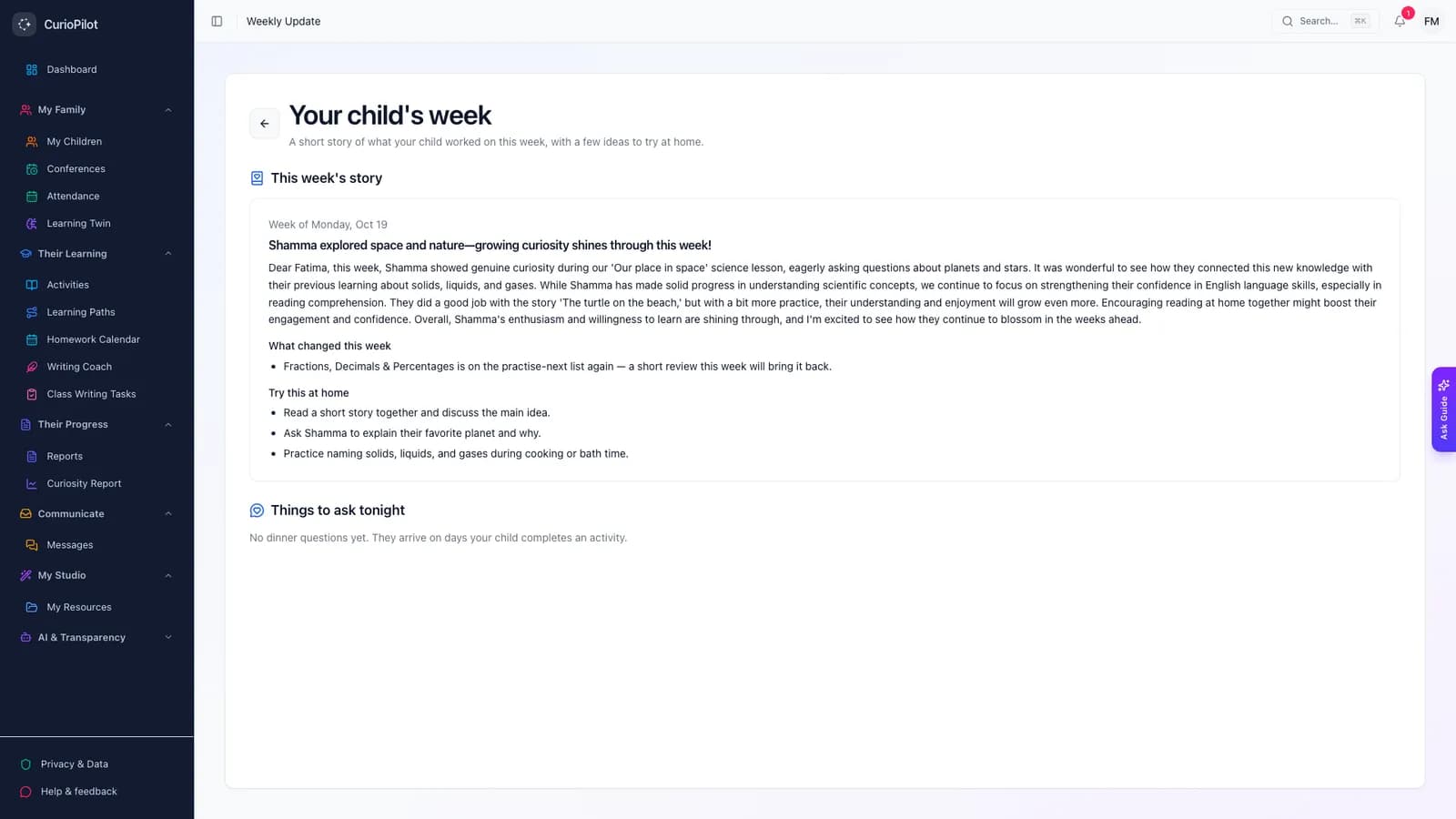 A parent’s weekly update about their child