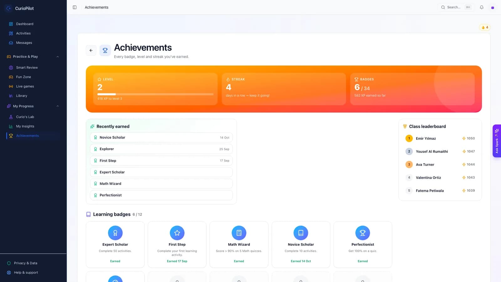 A student’s achievements page with badges and streaks